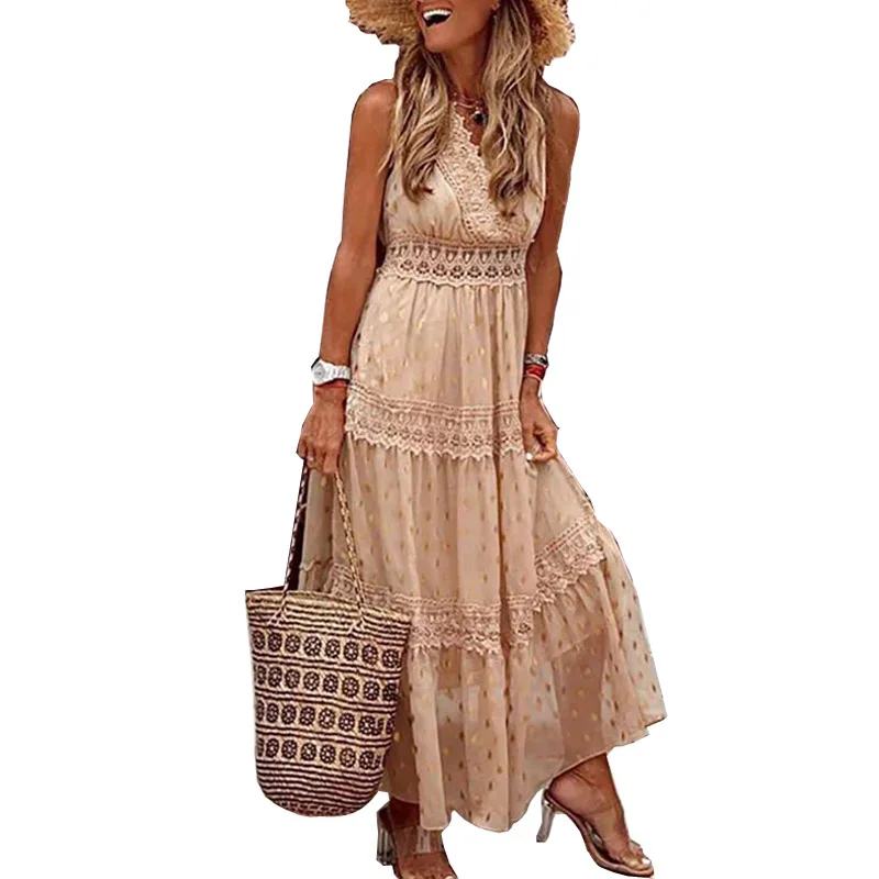

2021 European and American chiffon summer solid color stitching lace v-neck sleeveless dress