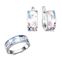 ogulee silver 925 jewelry sets for women earrings rings colorful enamel flowers geometric connection zircon bridal wedding gifts