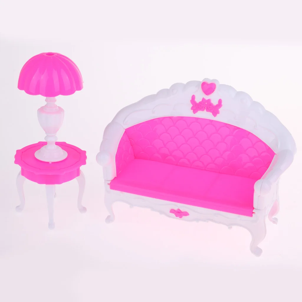 

7pcs Cute Pink Dollhouse Miniature Plastic Table Lamp Furniture Set End Table Sofa Table Lamp TV Television for Doll House Toy