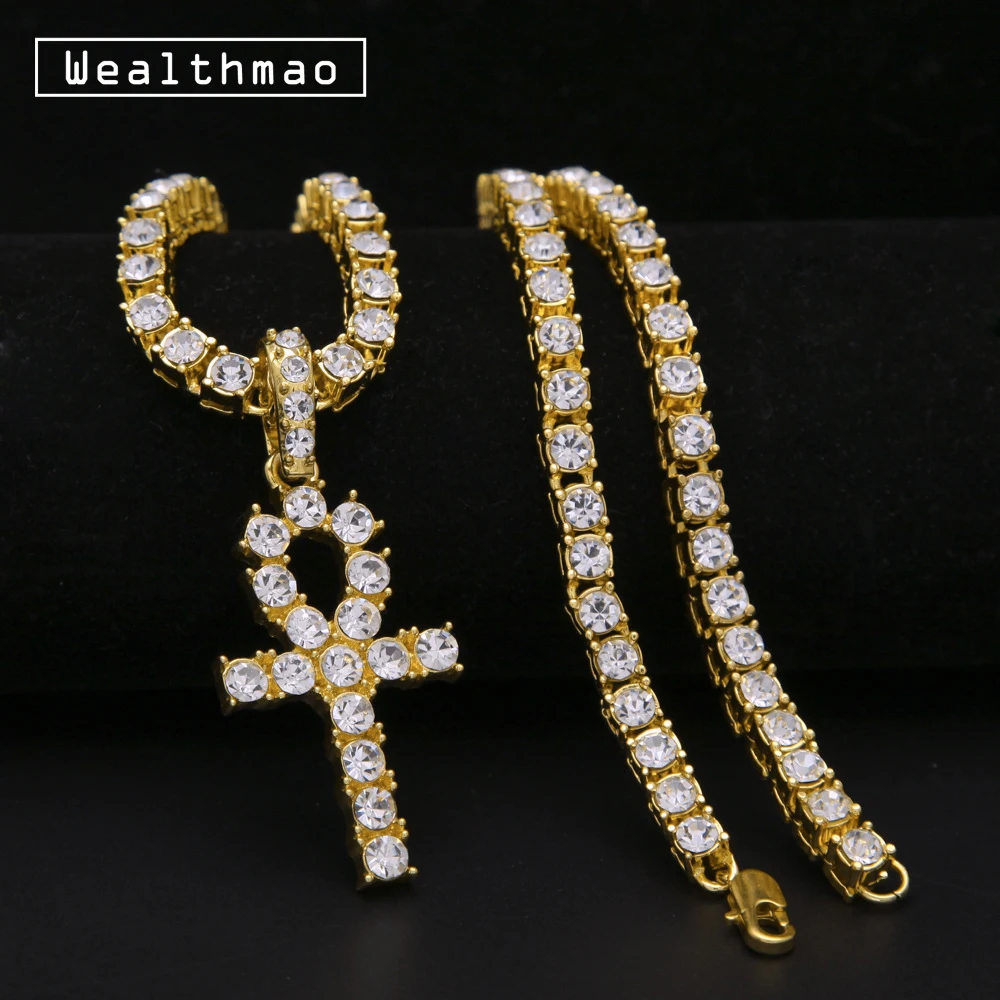 Mannen Egyptische Ankh Kruis Sleutel Van Leven Hanger Ketting Goud Zilver Kleur Iced Out Bling Steentjes Tennis Chain Hip hop sieraden Mannen Egyptische Ankh Kruis Sleutel Van Leven Hanger Ketting Goud Zilver Kleur Iced Out Bling Steentjes Tennis Chain Hip hop sieraden