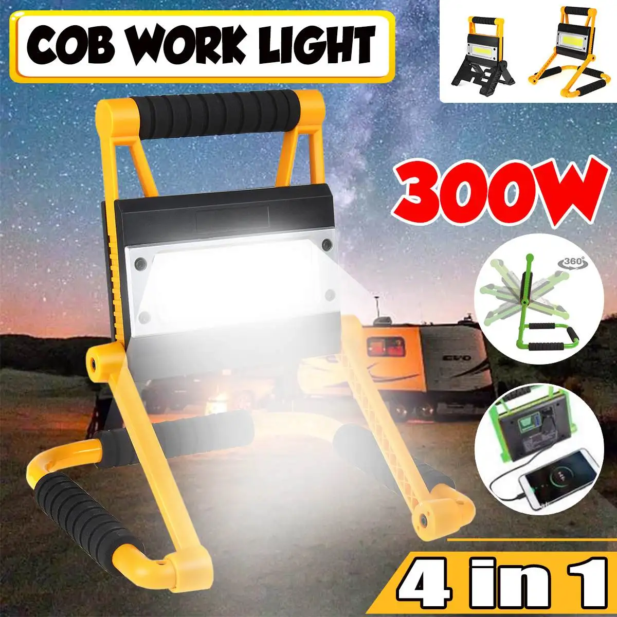 

Portable Lantern Waterproof 4-Mode Emergency Portable Spotlight Rechargeable Floodlight for Camping Light300W COB Work Lamp LED