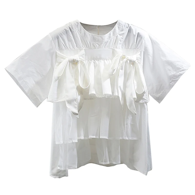 

Mesh Ruffled Stitching Bow Short Sleeve Shirt Woman New Casual Pullover Top Ladies Blusas Blouses Femme White Black