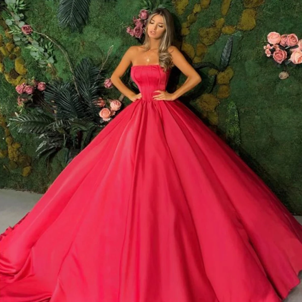 

Strapless A-Line Evening Dresses Long Luxury 2021 Women Satin Sexy Backless Elegant Ball Gowns Simple Celebrity robes de soirée