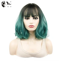xishixiu short wig 1bgreen ombre meduim length hair heat resistant synthetic replacement silk base wigs wave with bang