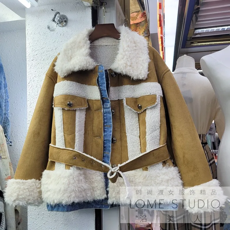 

2021 модная женская зимняя верхняя одежда в стиле пэчворк джинсовая мотоциклетная куртка с отложным воротником женское двухстороннее пальто...