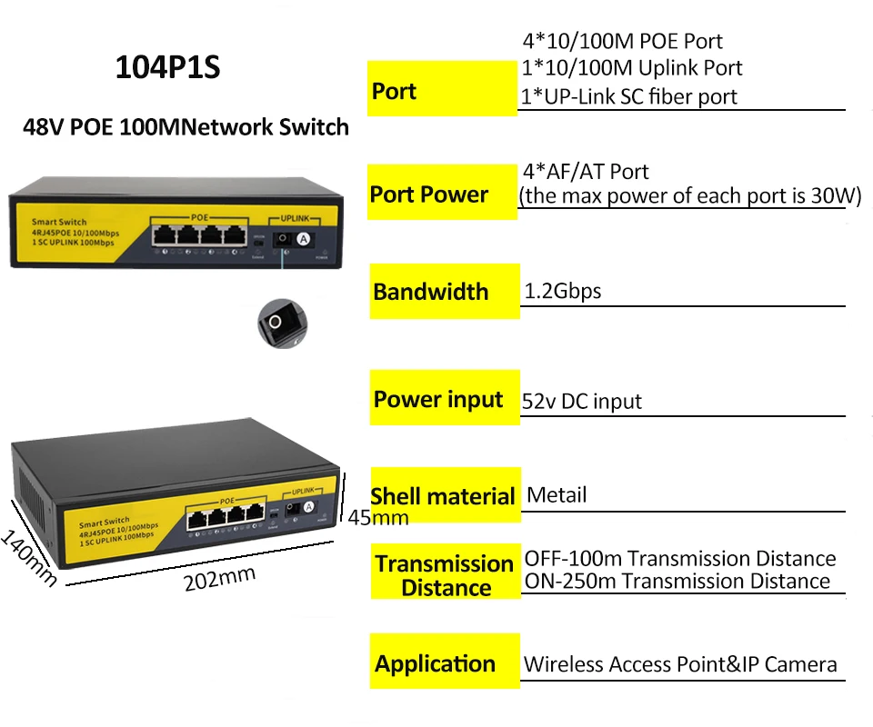 Сетевой коммутатор 48 В POE 10/100/1000 Мбит / с Ethernet 4 портовый 8 сетевой IEEE 802.3 AF AT для IP