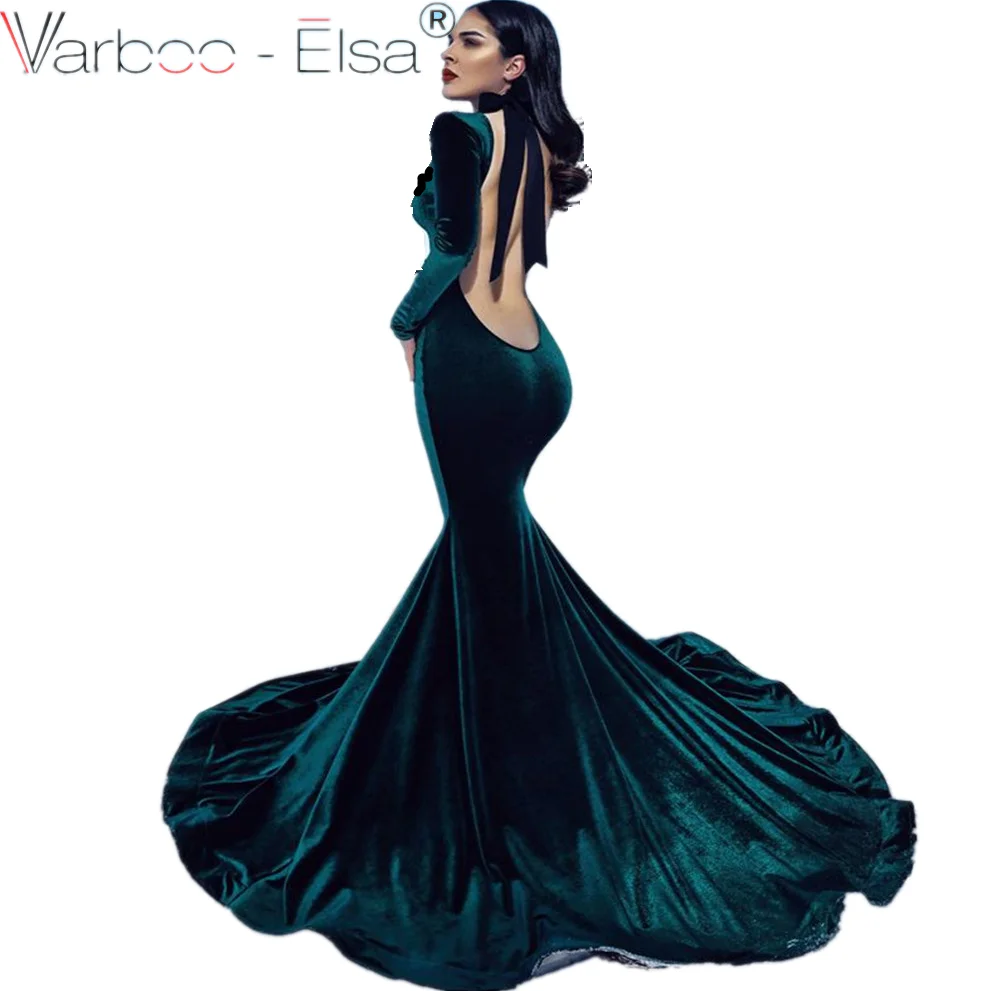 Женское бархатное платье-русалка зеленое платье с длинным рукавом для