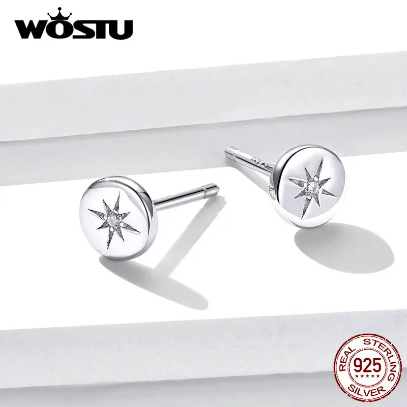WOSTU, натуральная 925 пробы, серебряные солнечные круглые серьги-гвоздики для женщин, свадебные маленькие серьги, модные серебряные ювелирные изделия CQE734