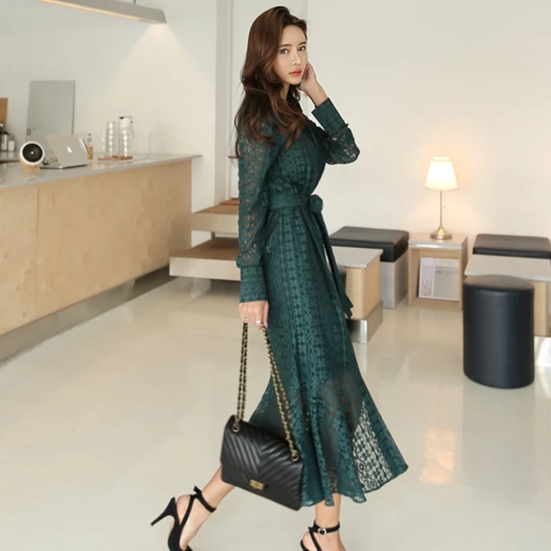 Женское весеннее кружевное платье с длинным рукавом Пляжное винтажное макси в