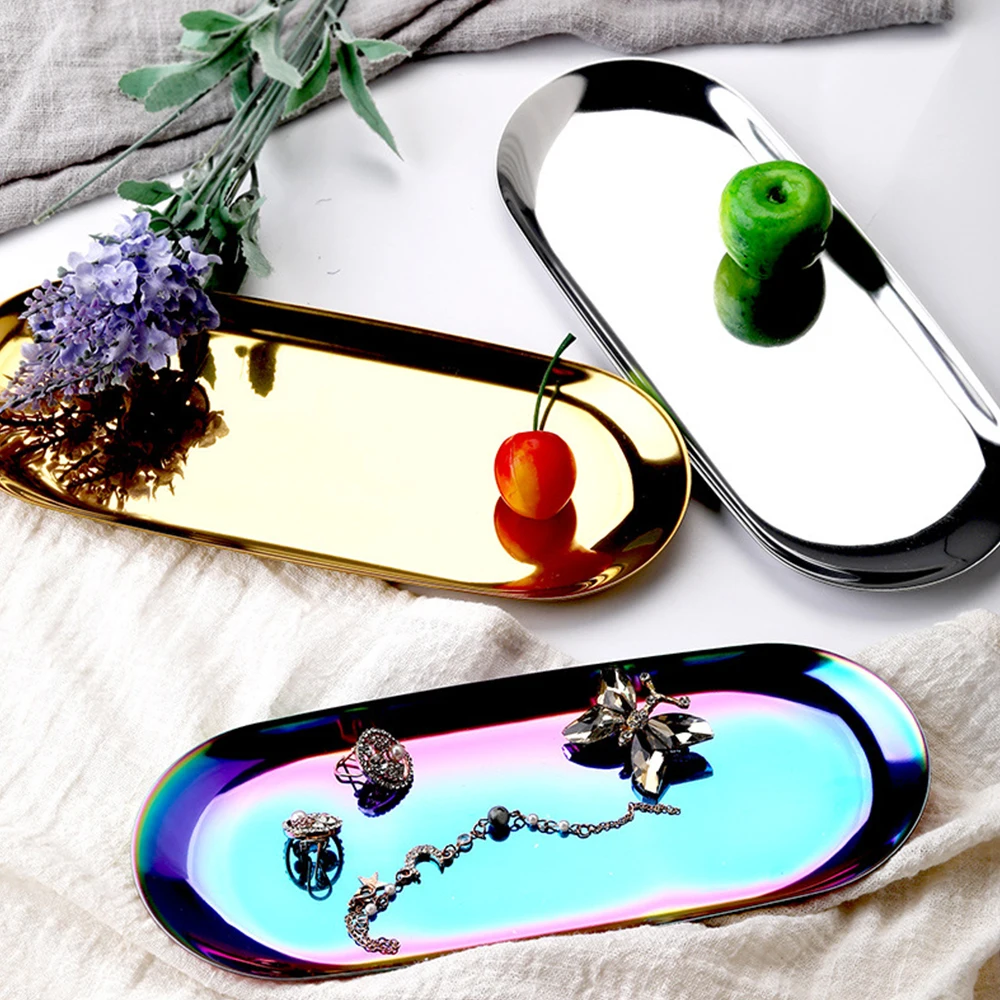 Colorful Metal Storage Tray Nordic Gold Oval Plates European Style Jewelry Tray Stainless Steel Plate Metal Desktop Receive Dish
