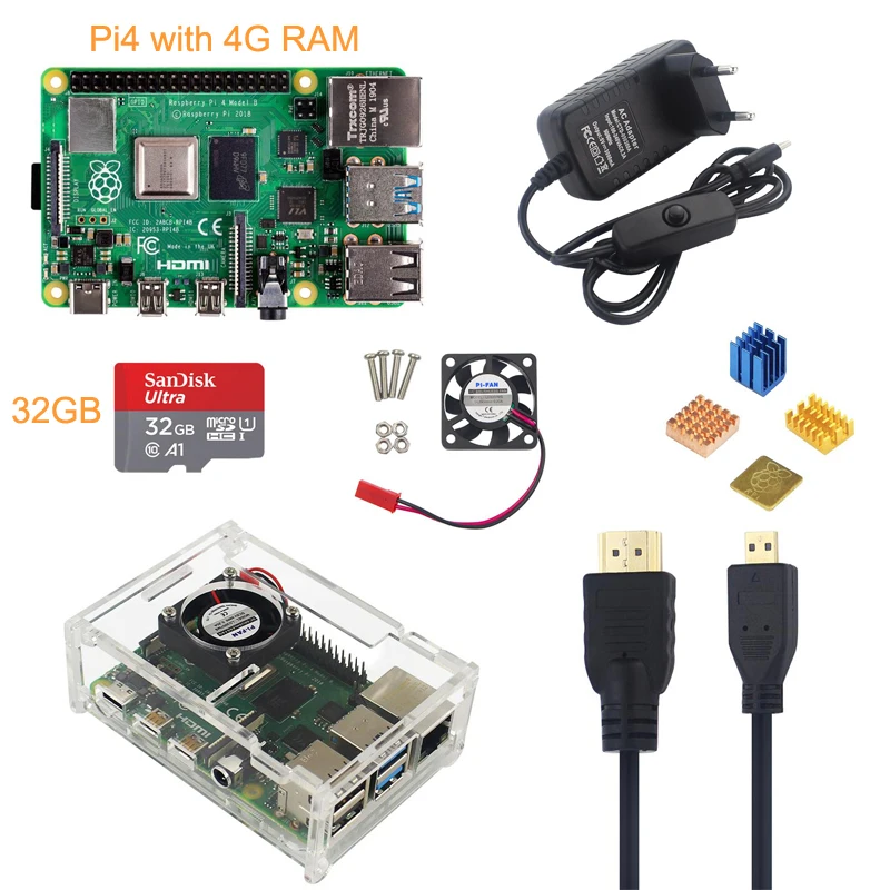 Raspberry Pi 4 Model B 4G Kit + адаптер питания 5 в 3A акриловый чехол вентилятор охлаждения