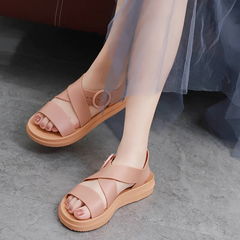 

PVC Casual Sandal Ladies Solid Rome Women Sandals 2020 Summer Women's Shoes Buckle Strap Flat Sandals For Woman Fashion N2-10