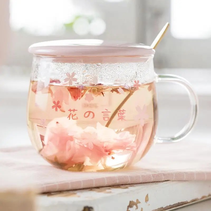 

Japan Style Glass Mug Cute Pink Kawaii Drinkware Milk Coffee Water Cup Kitchen Office Delicate Spoon with Lid Cherry Blossom Mug