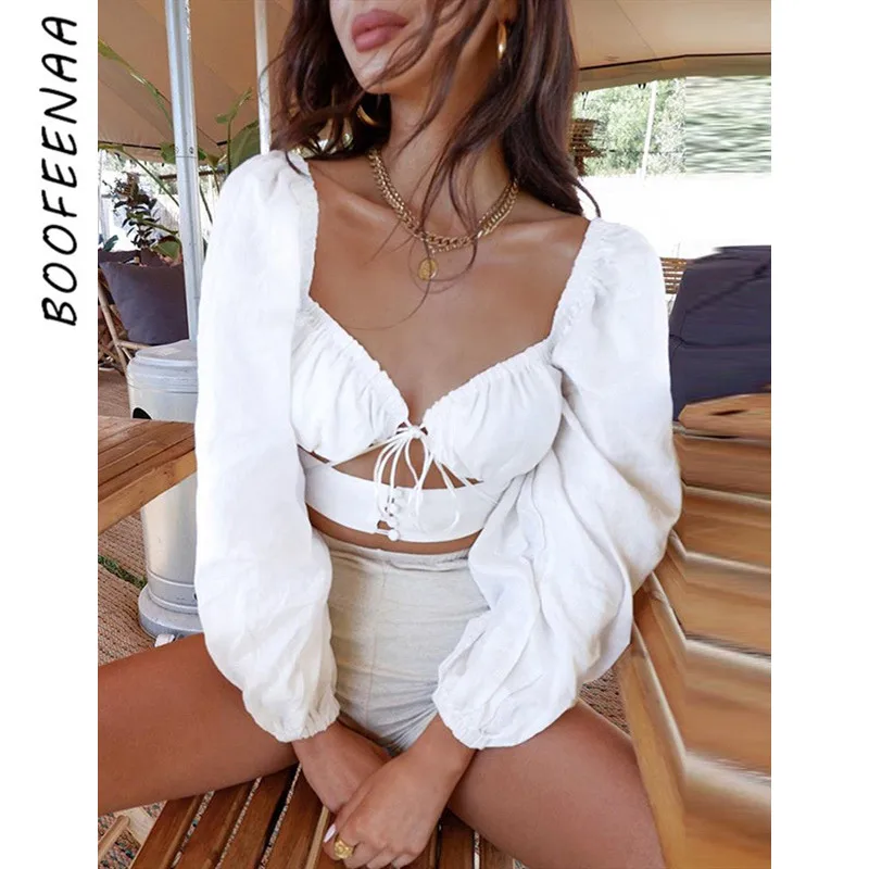 BOOFEENAA 2019 осенние модные женские топы и блузки белые черные с длинным рукавом v