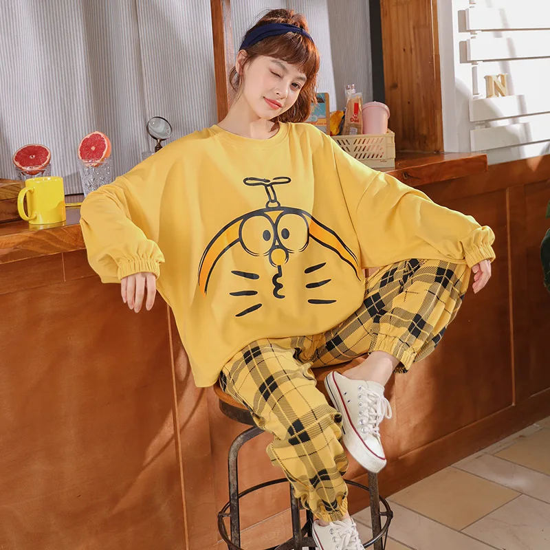 

Pajamas Women's Spring and Autumn Winter Long Sleeve Trousers Set Korean Version Sweet Student Knitted Cotton Women's Home Wear