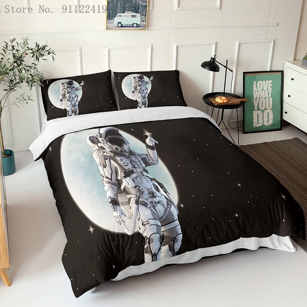 

Комплект постельного белья из микрофибры, черный комплект постельного белья с изображением космоса, с пододеяльником и астронавтом, для вз...