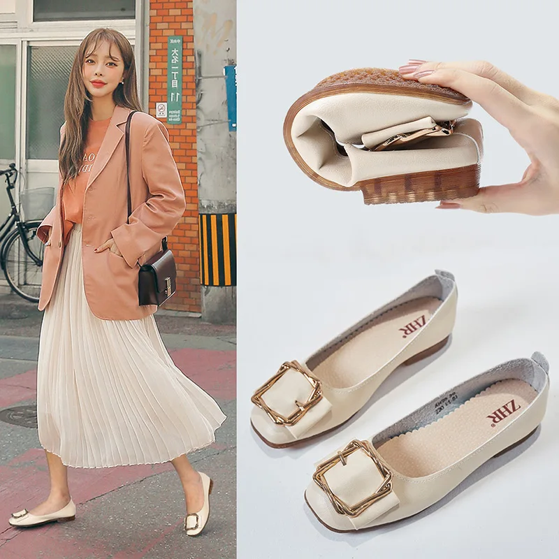 

2021 женские туфли на плоской подошве из искусственной кожи, мягкие женские повседневные складные лоферы на плоской подошве, Неглубокий квадратный носок