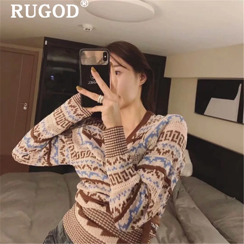 RUGOD Vintage embroidery knitted sweater women Fashion auturm sexy v neck lace up cardigan sweaters female sueter mujer invierno |