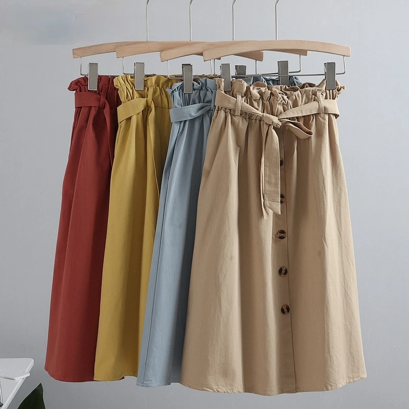

High Waist WomenA Line Skirt Single Breasted Pocket Spring Summer Midi Skirts High Street Tutu Tullle Skirts With Belt