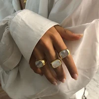 zj wholesale minimalist french elegant geometrical square natural white shell stainless steel rings women street style jewelry