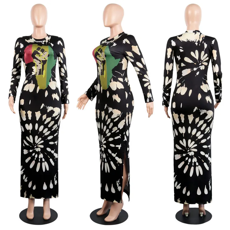 Женское платье с длинным рукавом готическое макси в стиле панк рок принтом