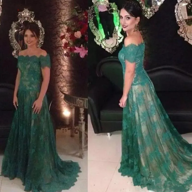

Off the Shoulder Mother of the Bride Dresses 2019 Green Lace Short Sleeves for Weddings Prom Evening Gowns vestido de madrinha