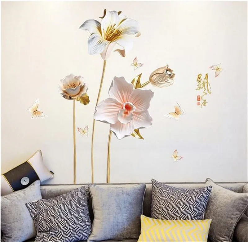 3D яркие тисненые орхидеи цветы настенные наклейки для гостиной домашний декор