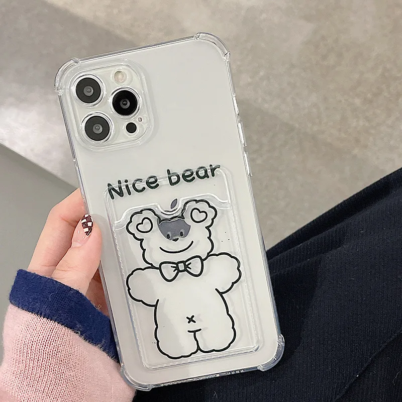 

Korea INS Cute Kawaii Cartoon Bear Card Slot Bag Phone Case For iPhone 13 Mini 12 11 Pro Max XR XS X 7 8 6 6s Plus SE Back Cover
