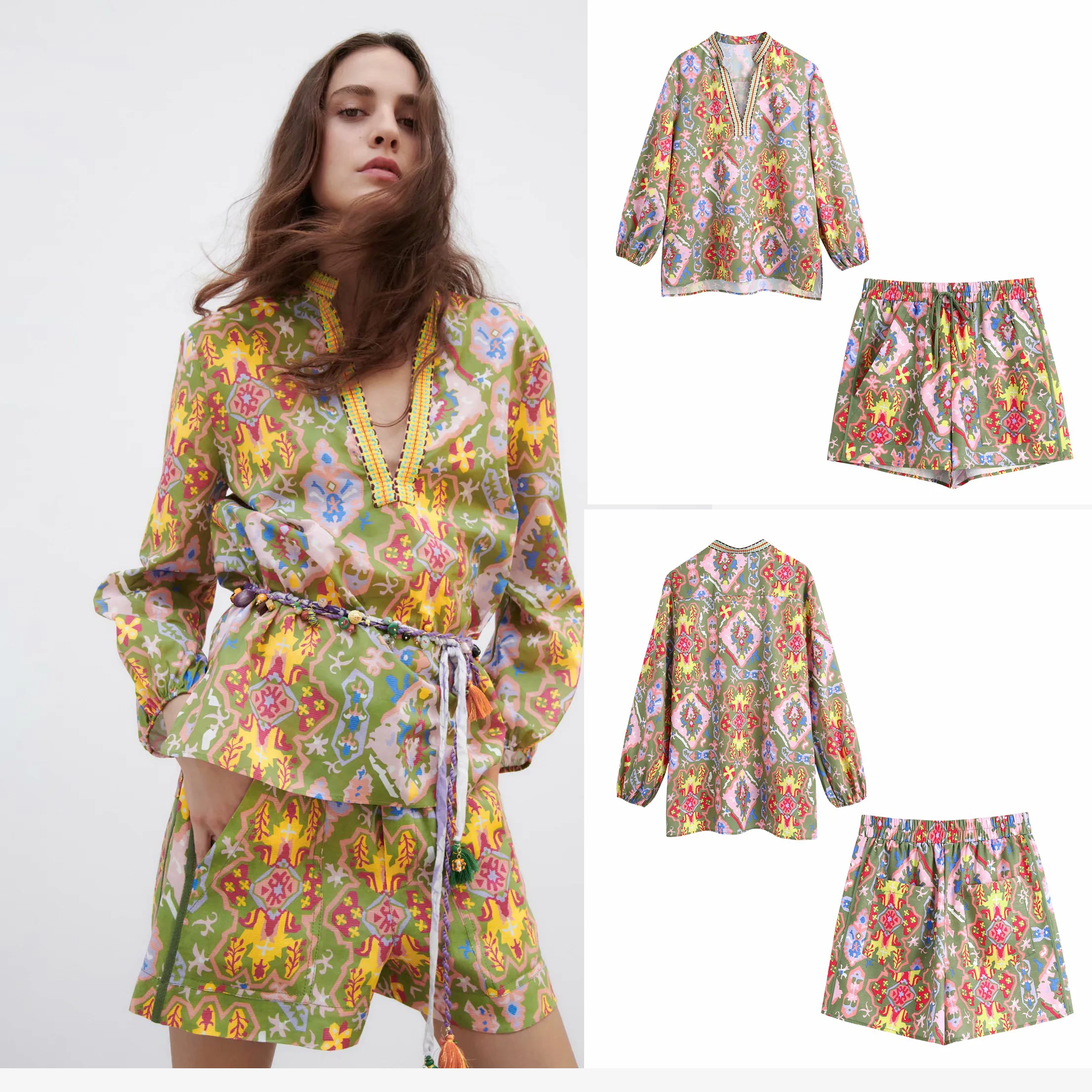 

Женская одежда Unizera 2021, свободная рубашка с V-образным вырезом спереди, короткая сзади, длинная рубашка + эластичные повседневные шорты с выс...