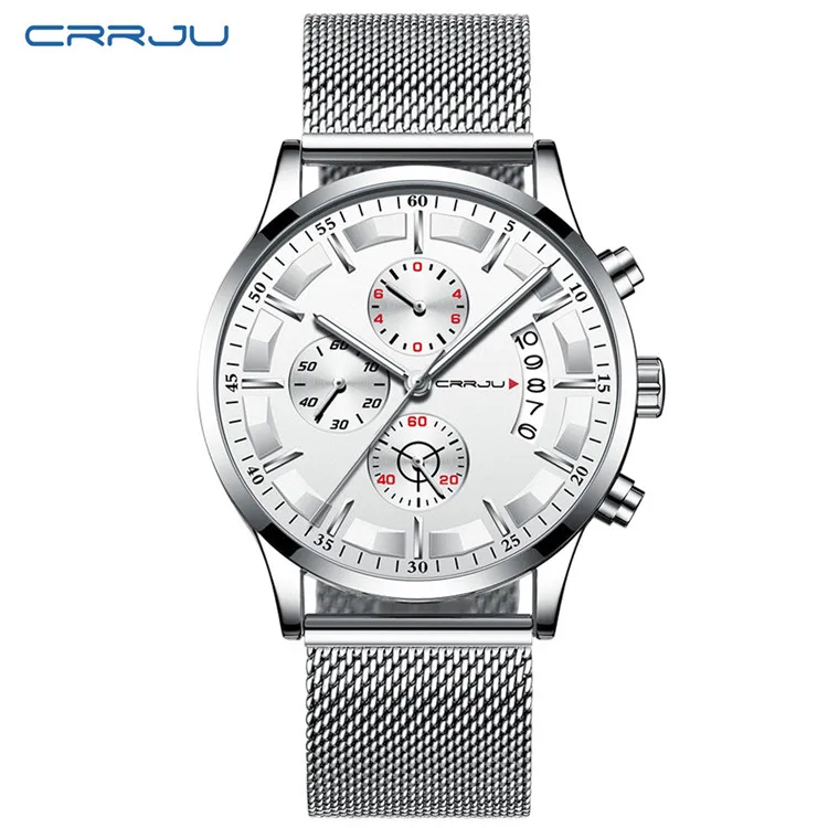 M Silver White CRRJU Топ люксовый бренд для мужчин бизнес аналоговые кварцевые часы из нержавеющей стали ремешок наручные часы Relogio Masculino часы Horloges Hours - Цвет: M Silver White