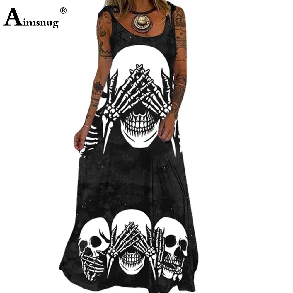 

Aimsnug 2021 Summer Ladies Elegant Fashion Long Maxi Dress Gothic Skull Print Dresses Women Casual Loose Dress Plus size S-5XL