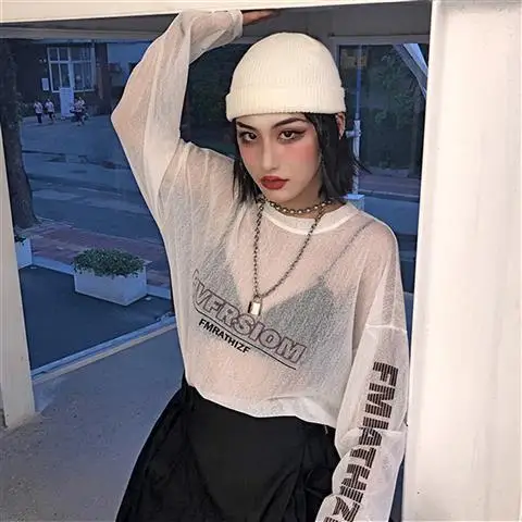 

Summer Korean wind ins Hong Kong wind letter printing mesh base shirt sunscreen loose thin long sleeve T-shirt jacket women