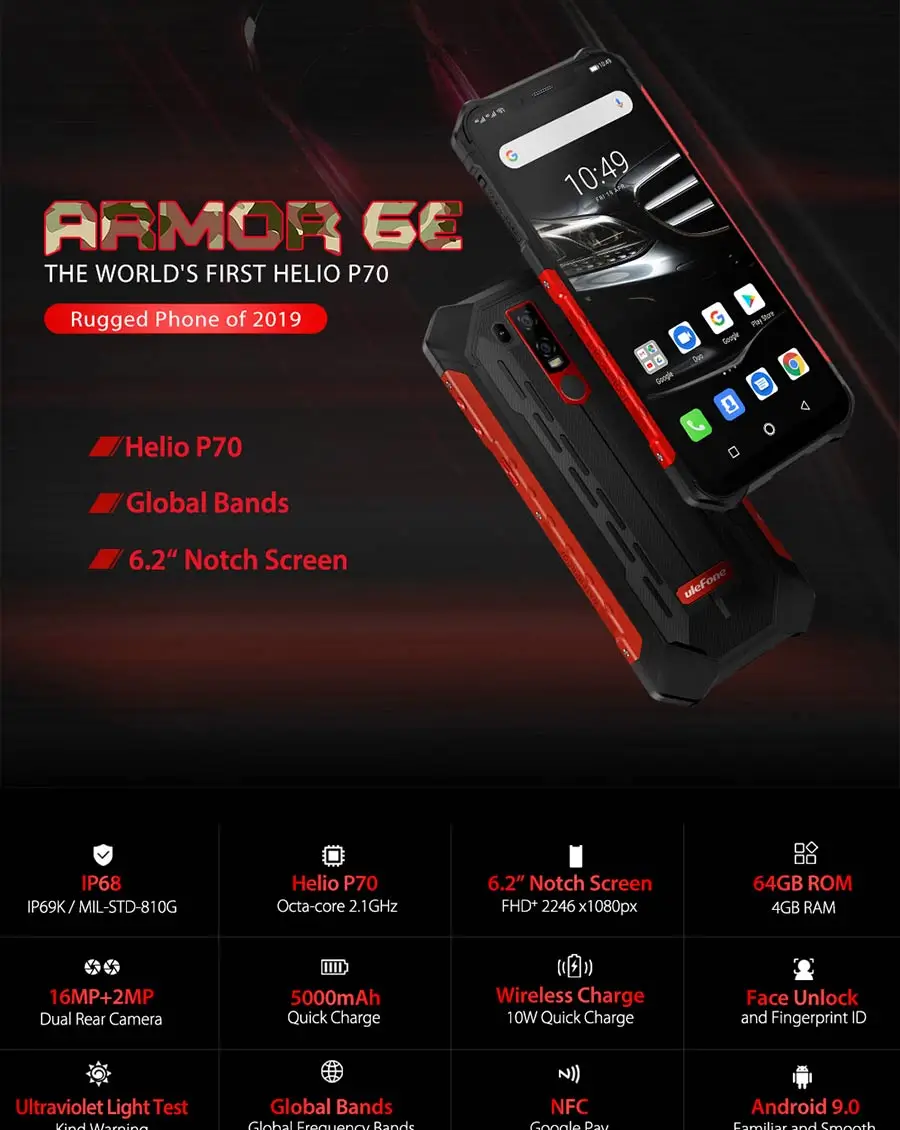 Ulefone Armor 6E Android 9,0 6," IP68 Водонепроницаемый Helio P70 4G+ 64G для распознавания лица NFC Беспроводная зарядка прочный мобильный телефон