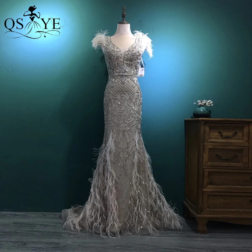 QSYYE High Quality Mermaid Prom Dresses Feathers Cap Sleeves and Bottom Glitter Silver Beadings Luxury Party Dress Long Shiny