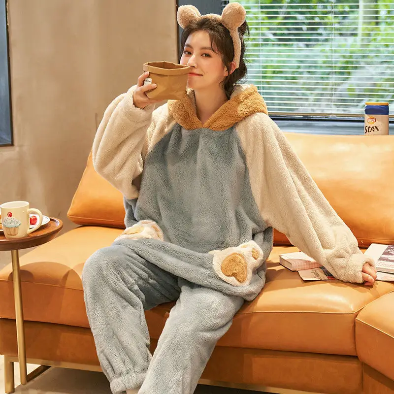 Couple Pajamas Autumn and Winter Models Coral Fleece Men Women Facecloth Cute Thickened Velvet Antlers Winter Pajamas Sleepwear