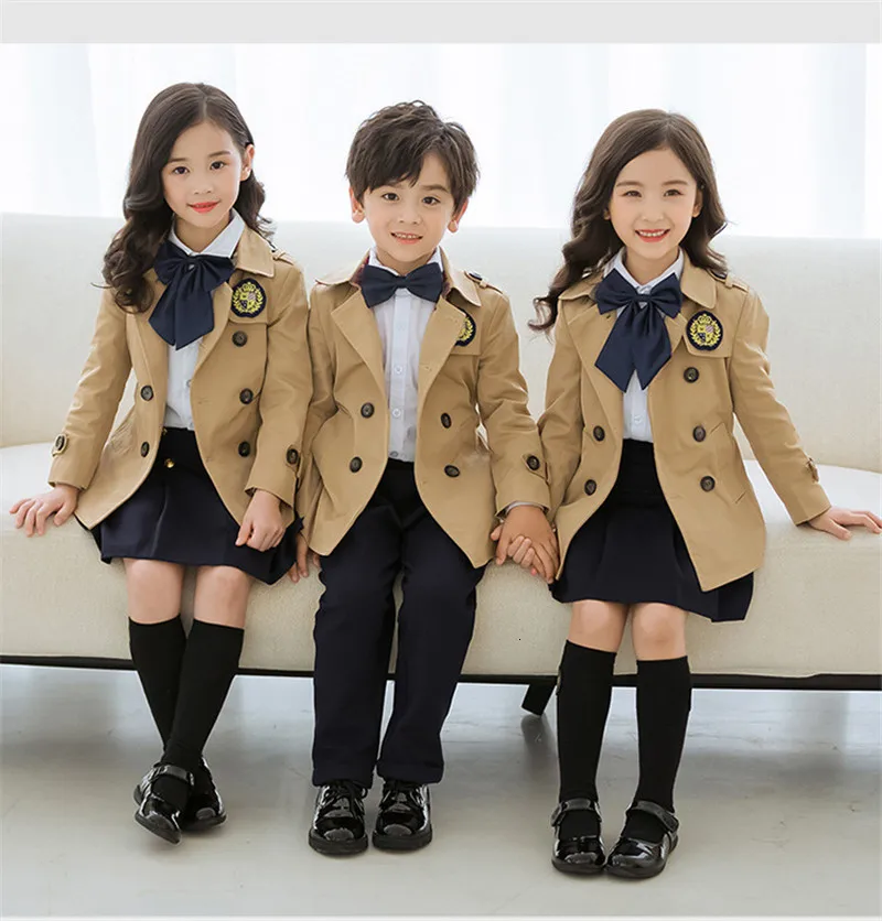 

2-10 Years Kids Uniforms Fashion White Long Sleeve Shirt Jacket Skirt Pants Clothing Sets British Style School Uniform Autumn