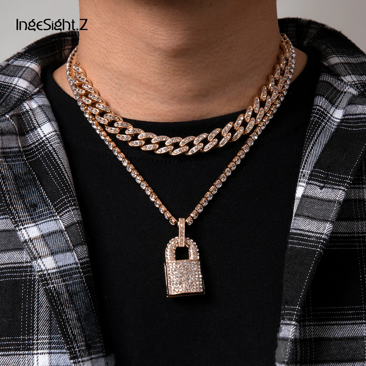 

IngeSight.Z Hip Hop Iced Out Rhinestones Miami Curb Cuban Choker Necklace Multi Layered Crystal Padlock Pendant Necklace Jewelry