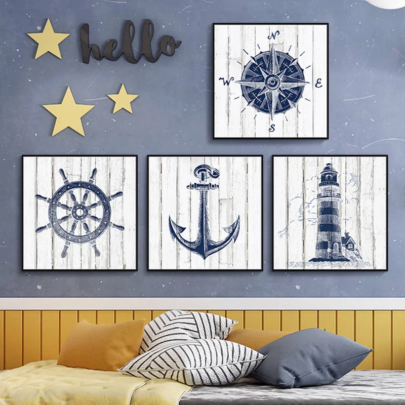 

Nautical Nursery Wall Art Canvas Painting Navy Anchor Compass Lighthouse Print Arts Mediterranean Style Poster Boy Room Decor