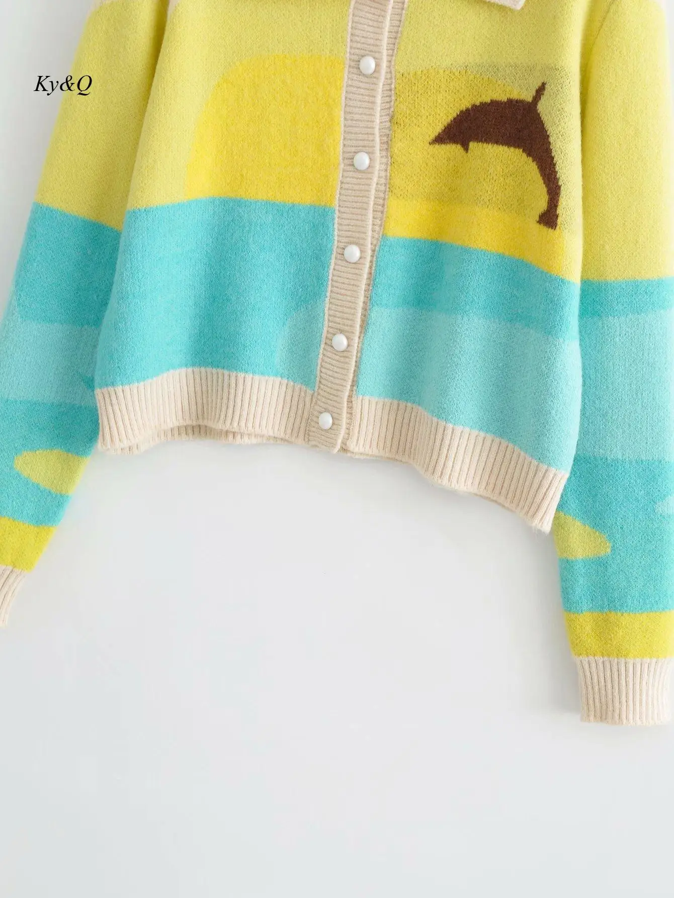 

Brand 2021 New Ocean Dolphin Print Jacquard Knitted Cardigan Single Breasted Tops Sweater Coat Jacket Female Temperament