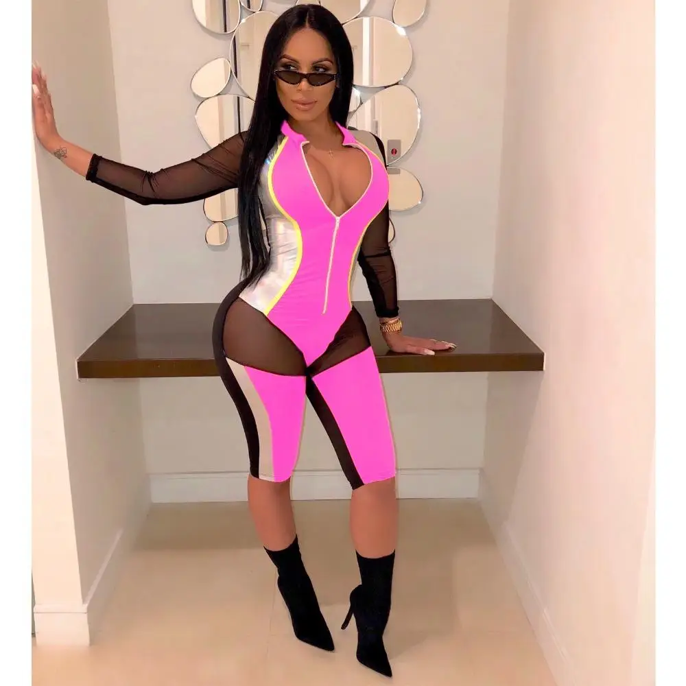 

ZITY сексуальный лоскутный женский комбинезон, хлопковый Сетчатый Глянцевый комбинезон из искусственной кожи, комбинезон с высоким воротник...