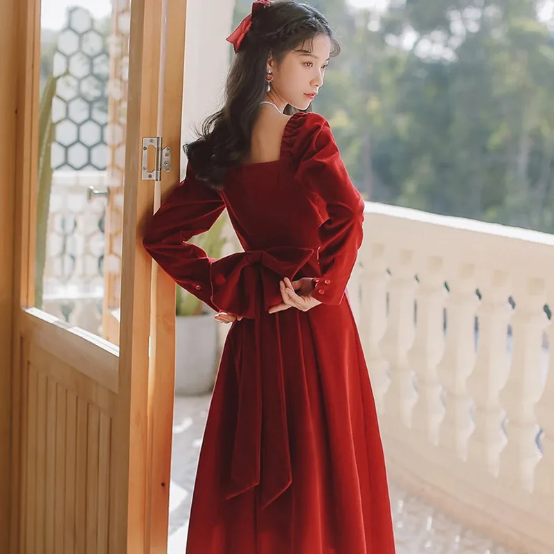 

Ladies Elegant A-line Long Dress New 2021 Autumn England Style Square Collar Vintage Bowknot Women Red Party Dresses W749