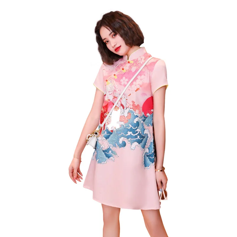 

Guochao Student Cheongsam Daily Short Modified Chinese Style Girl Fashion Pink Sweet Dress Loose