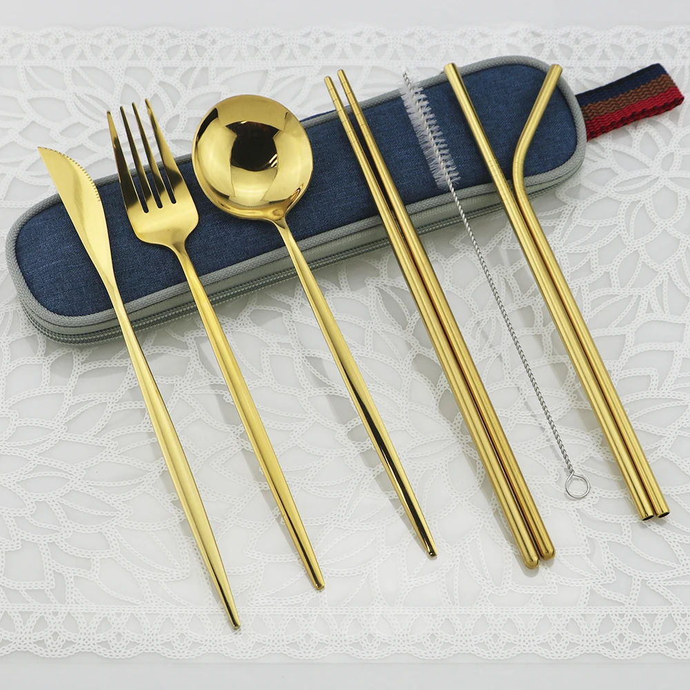 

8pcs Portable Shiny Gold Travel Dinnerware Set Stainless Steel Flatware Set Spoon Fork Knife Cutlery Set With Chopsticks Straws