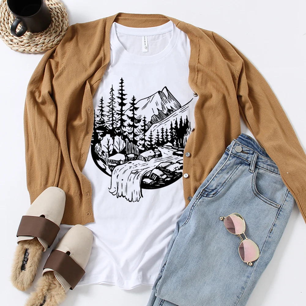 

Женские футболки с принтом гор, лесов и пружин, y2k, женские топы эстетик, летняя модная графическая футболка, повседневная одежда с круглым в...