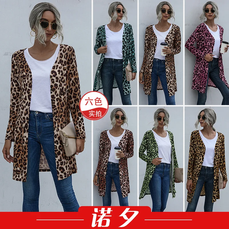 

2021 European and American Long Sleeve Button Leopard Print Coat Vest for Women