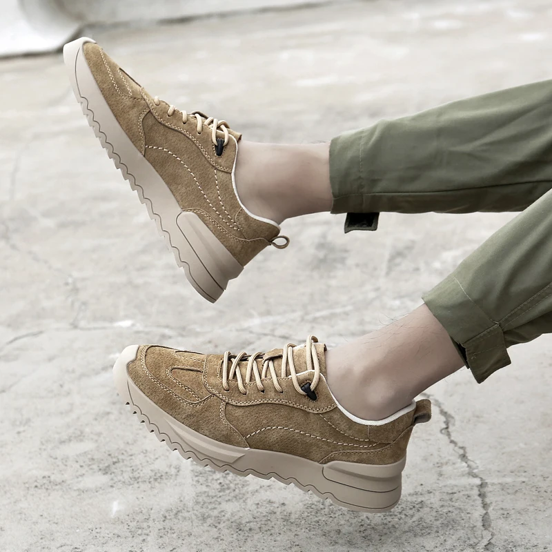 

Man Leather Sneakers Fashion Spring Autumn Men's Casual Shoes Suede Leather Walking Footwear Male Designer Shoe Khaki