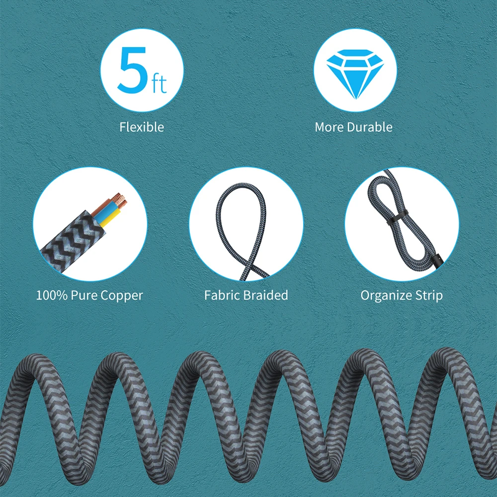 NTON POWER US Power Strip Plug черная плетеная проволока Защита от перенапряжения розетка