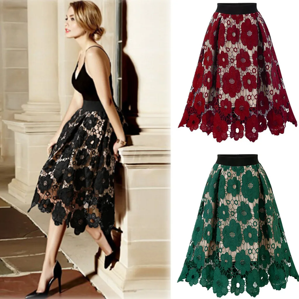 

Women Solid Skirt Crotch Lace 2 Layers Skirt Soft Stitching Floral Skater Hollow Skirt Plus Size *3q