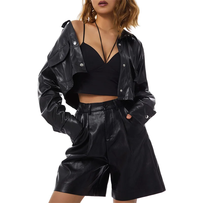 

Pu Leather Long Sleeve Tops Loose Suit Spring Autumn Women Fashion Solid Color Streetwear Club Y2K Gothic Jacket Black Coat