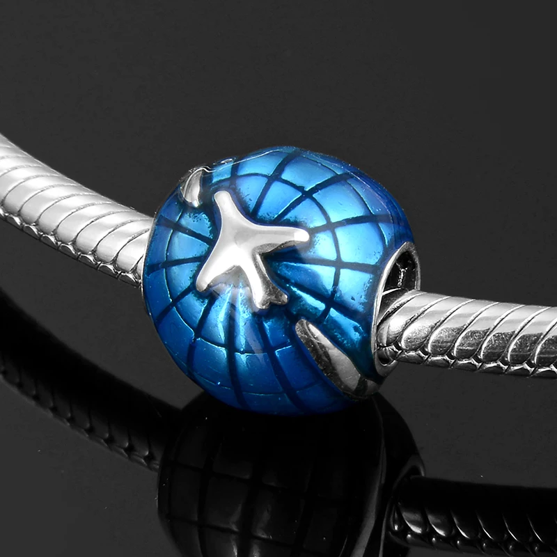 2019 модные подвески в виде земли и самолета синие Бусины настоящий 925 Стерлинговое